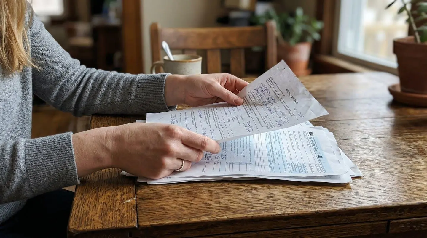 Mains feuilletant des documents administratifs type fiche de paie sur une table de cuisine avec lumière naturelle.