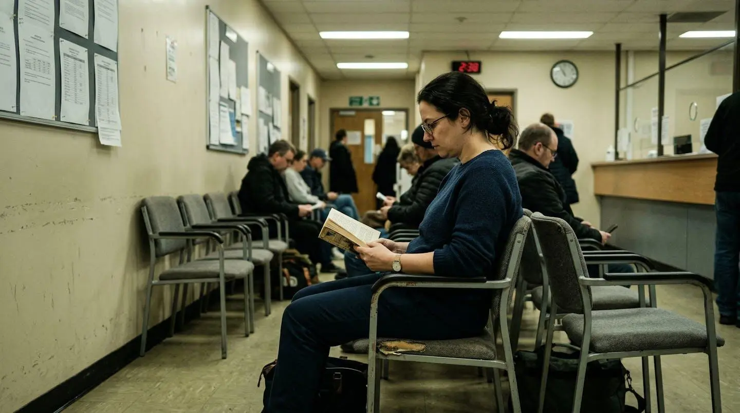 Personne assise dans une salle d'attente administrative type France Travail, regardant un document sur smartphone.