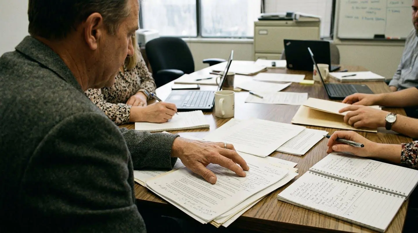 Réunion informelle autour d'une table de conférence, mains visibles sur des documents étalés, lumière naturelle.