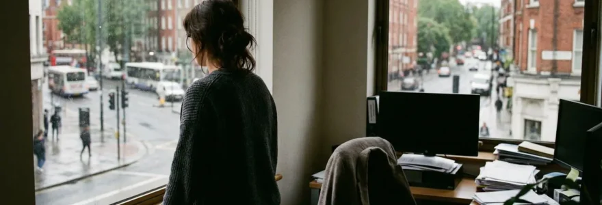 Un salarié vu de dos regarde par la fenêtre d'un bureau avec lumière naturelle de fin de journée.